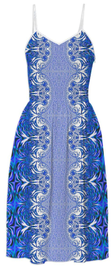 Blue White Fractal Lace Summer Dress