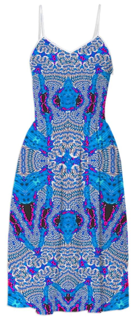 Blue White Lace Pattern Summer Dress