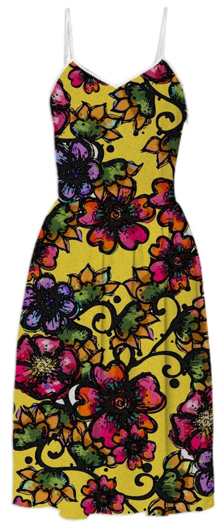 Bohemian Gypsy Soul Pink Flowers on Yellow Summer Dress
