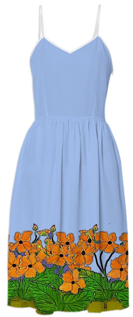 Orange Poppies on Blue Summer Dress