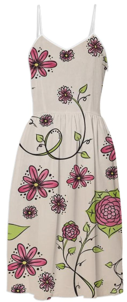 Pink on Beige Flower Pattern Summer Dress