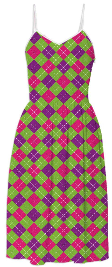 Pink Purple Green Small Argyle Pattern Summer Dress