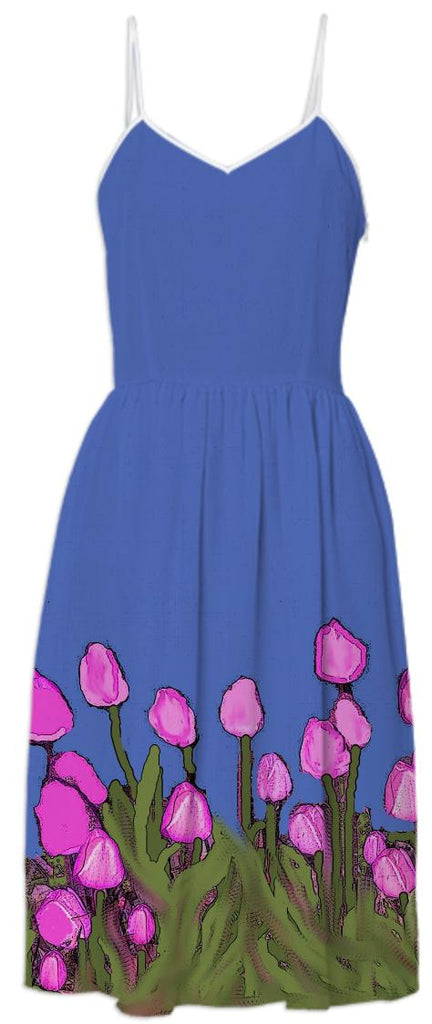 Pink Tulips on Blue Summer Dress