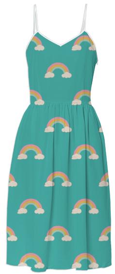 Teal Retro Rainbow Large Pattern Summer Dress