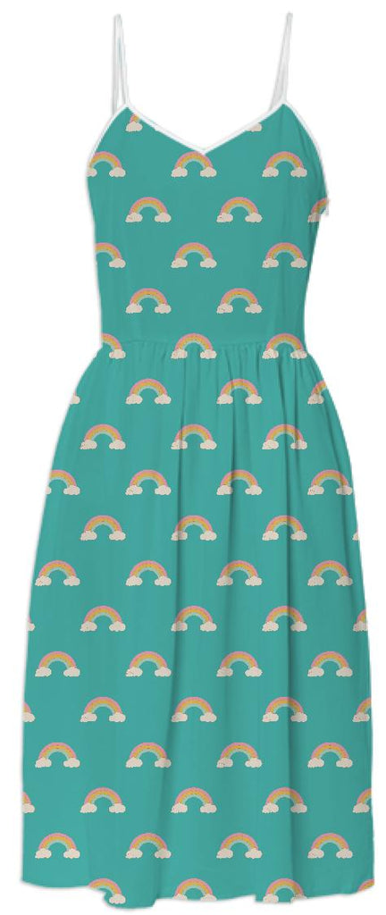 Teal Retro Rainbow Small Pattern Summer Dress