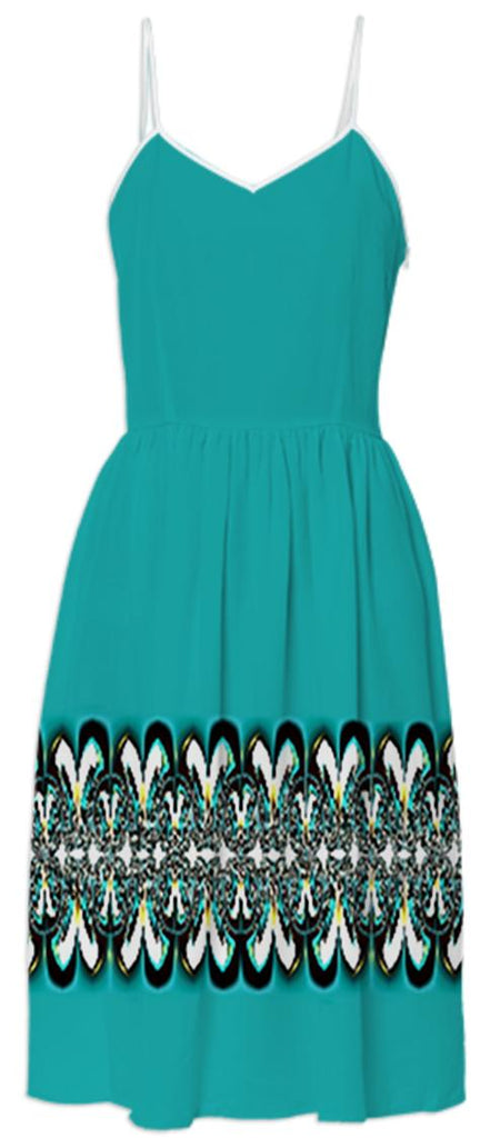Turquoise Summer Dress with Black and White Border