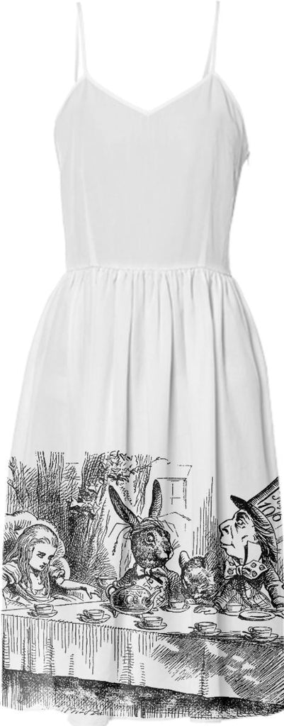 Vintage Alice in Wonderland tea party with the Mad Hatter and the White Rabbit black and white drawing emo goth summer sun dress