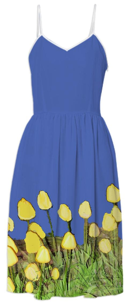 Yellow Tulips on Blue Summer Dress