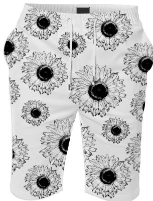 Black and White Sunflowers Summer Shorts