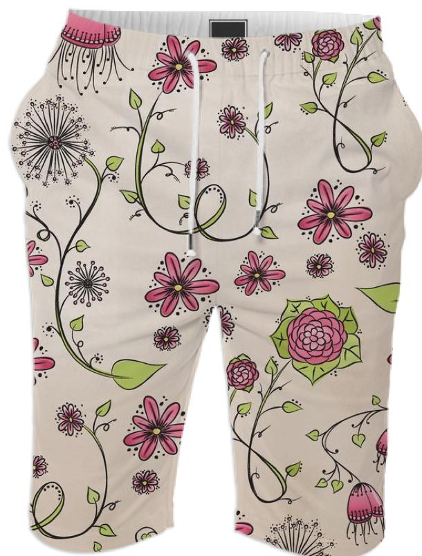 Pink on Beige Flower Pattern Summer shorts