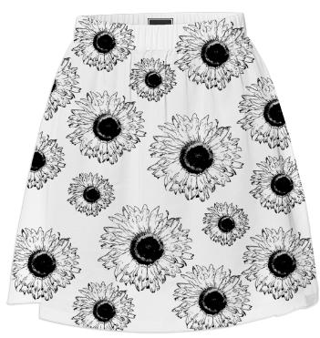 Black and White Sunflowers Summer Skirt