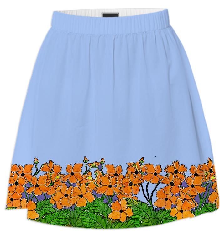 Orange Poppies on Blue Summer Skirt
