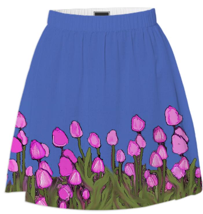 Pink Tulips on Blue Summer Skirt