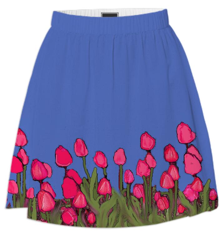 Red Tulips on Blue Summer Skirt