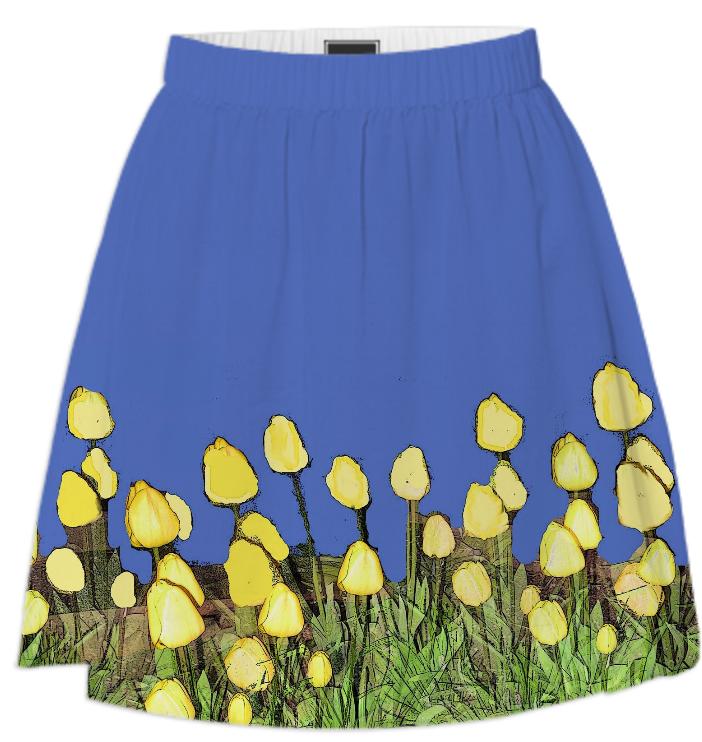 Yellow Tulips on Blue Summer Skirt