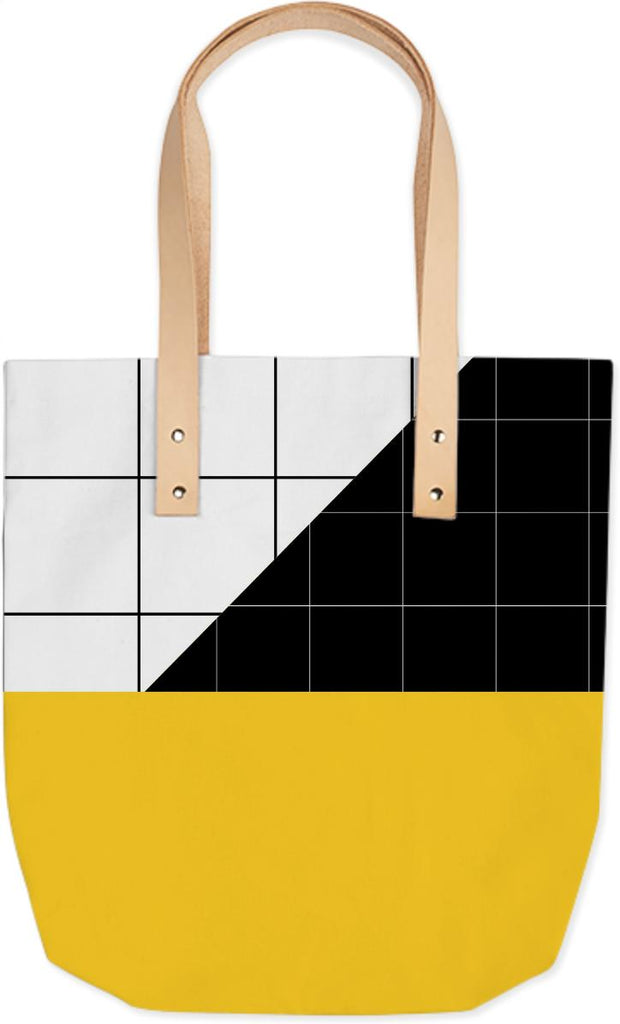 Black and White Grid with Yellow Stripe Summer Tote