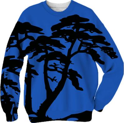 Deep Azure Blue Background with Black Tree Motif Sweatshirt