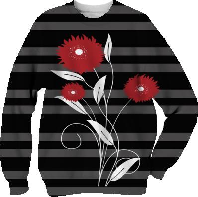 Pretty modern red and white flower and leaves with black and grey striped background