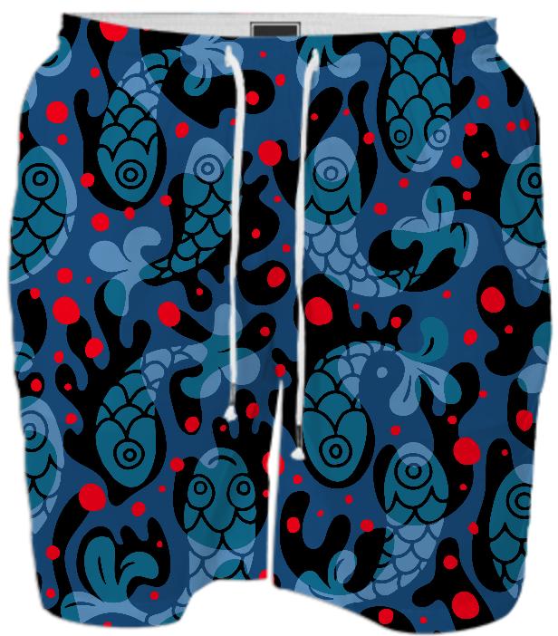 Bubble Fish Splash Dark Blue Print SWIM SHORT by Mina Miyaki