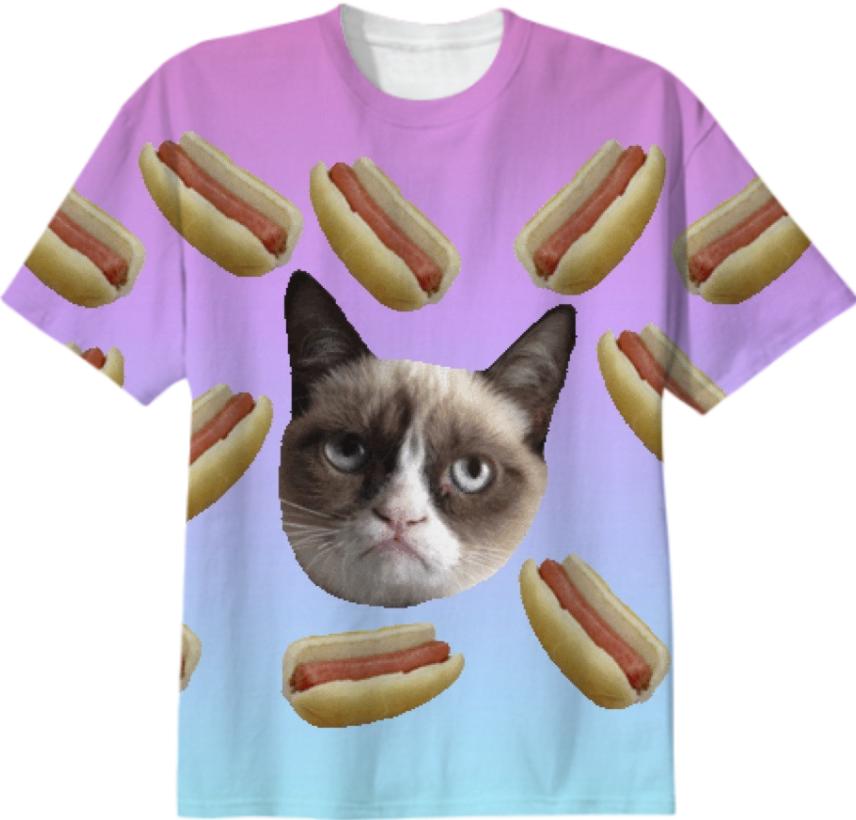 Grumpy cat with hot dogs