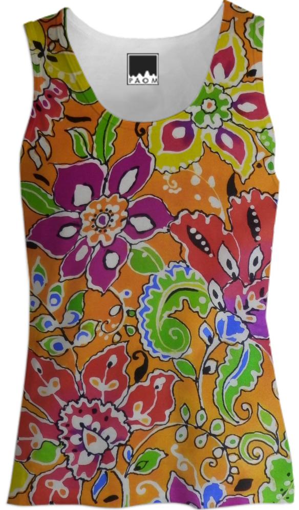 batik floral in gold coral pink lime