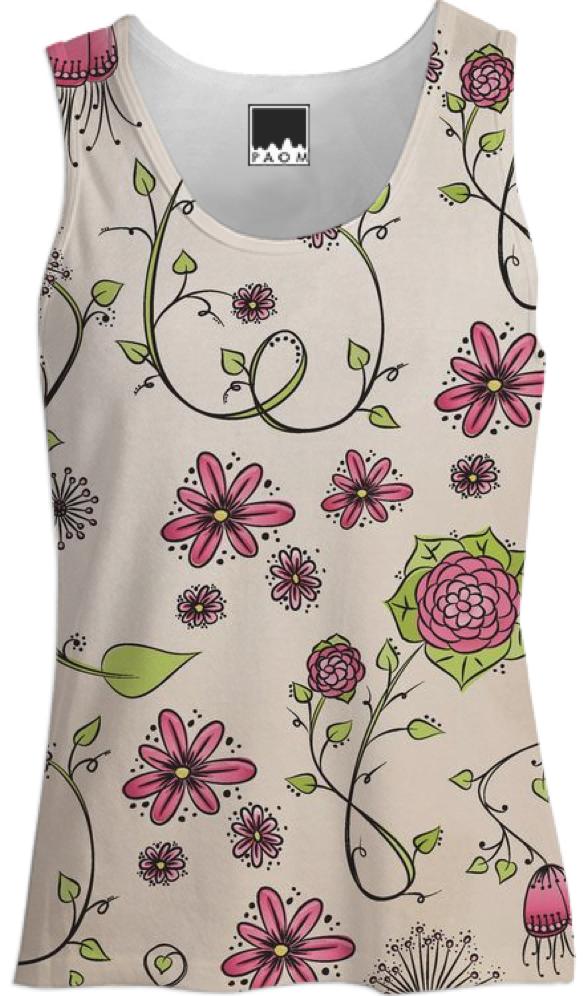 Pink on Beige Flower pattern Tank Top