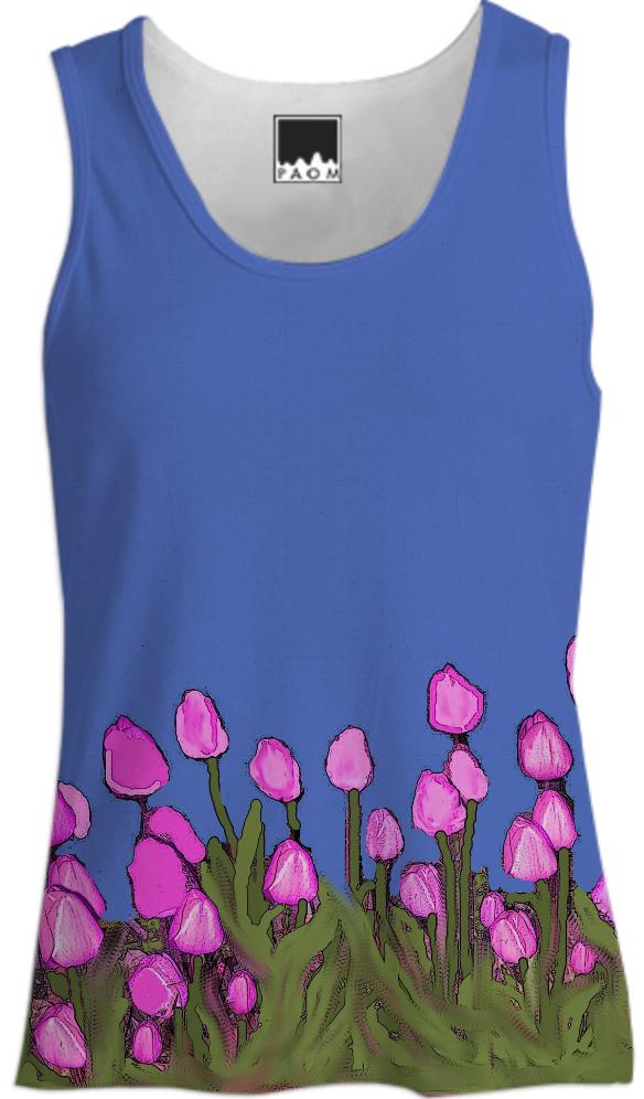 Pink Tulips on Blue Tank Top