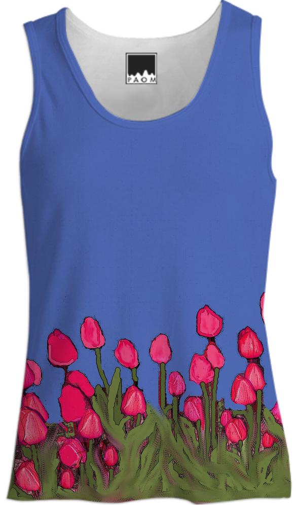 Red Tulips on Blue Tank Top