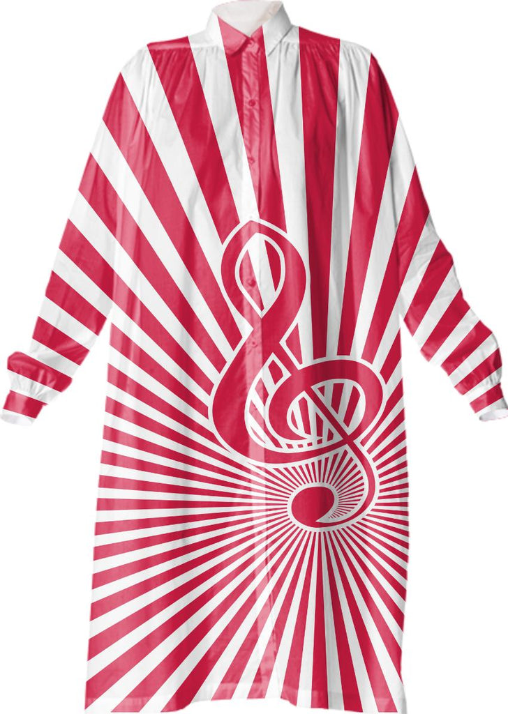 Red and white sunburst with musical note treble clef