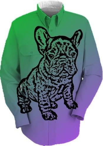 French Bulldog work shirt in green and purple