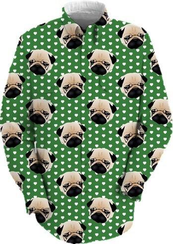 Pugs on Green and White Hearts