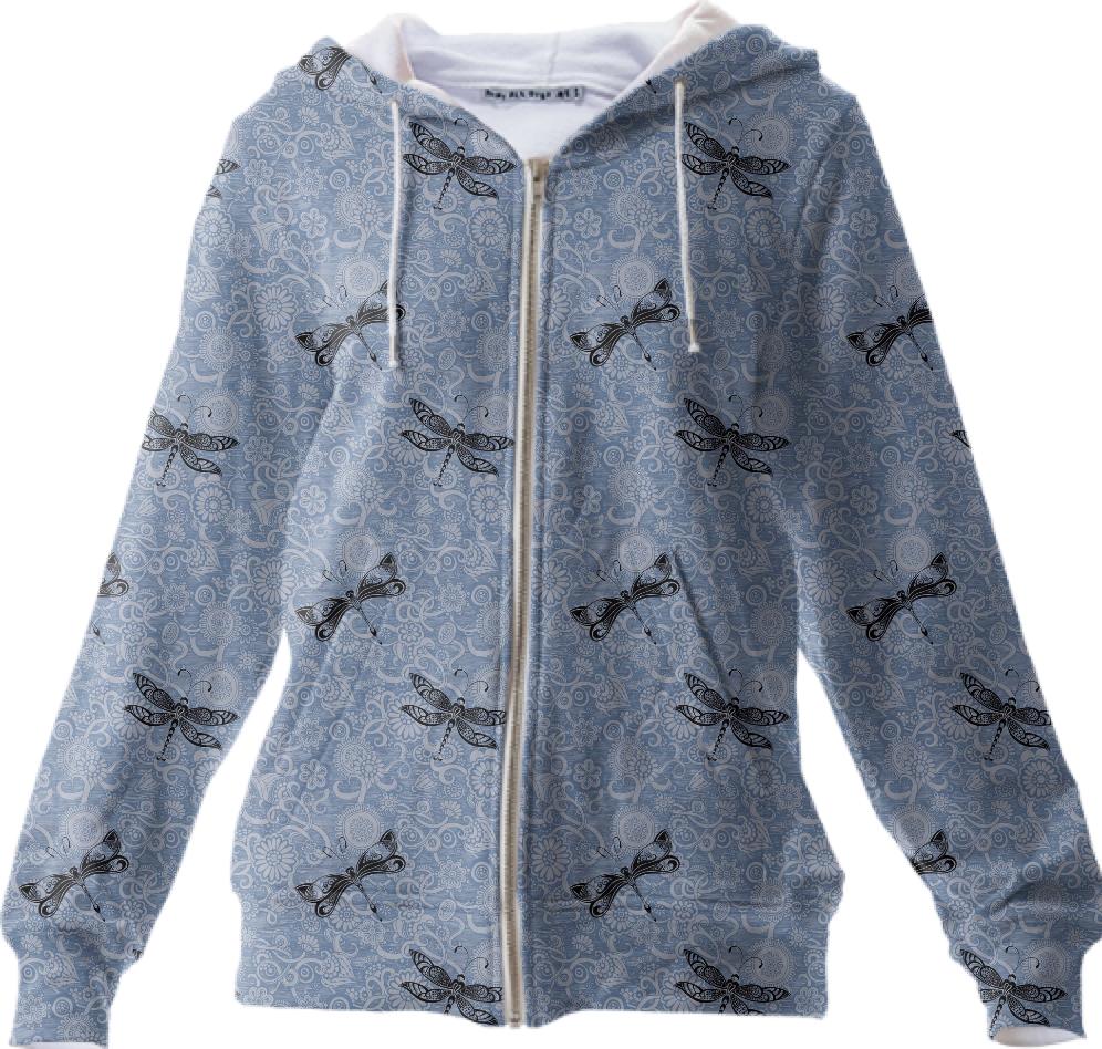 Dragonfly Blue All Over Floral Print Hoodie