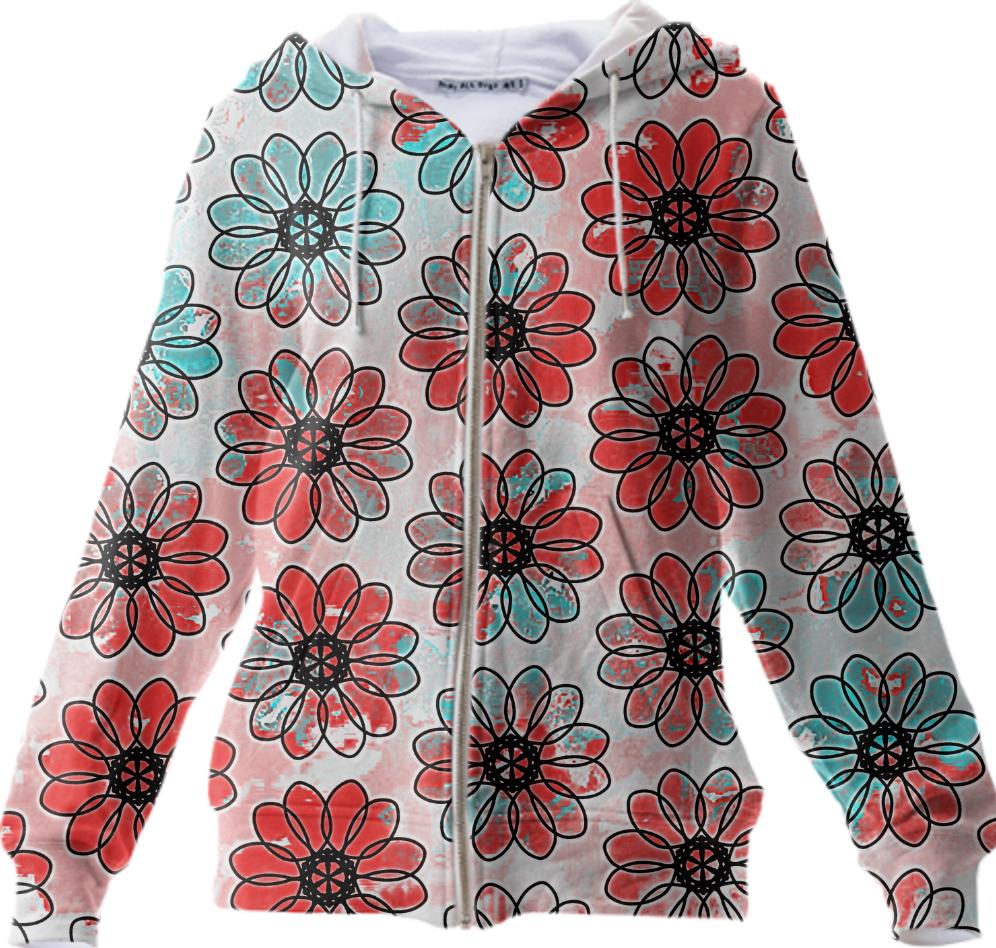 Red and Teal Painted Flower Hoodie