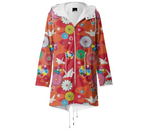 Red Kimono Print Raincoat