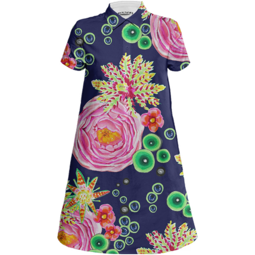 Tropical and pink rose floral with neon green bubbles on navy