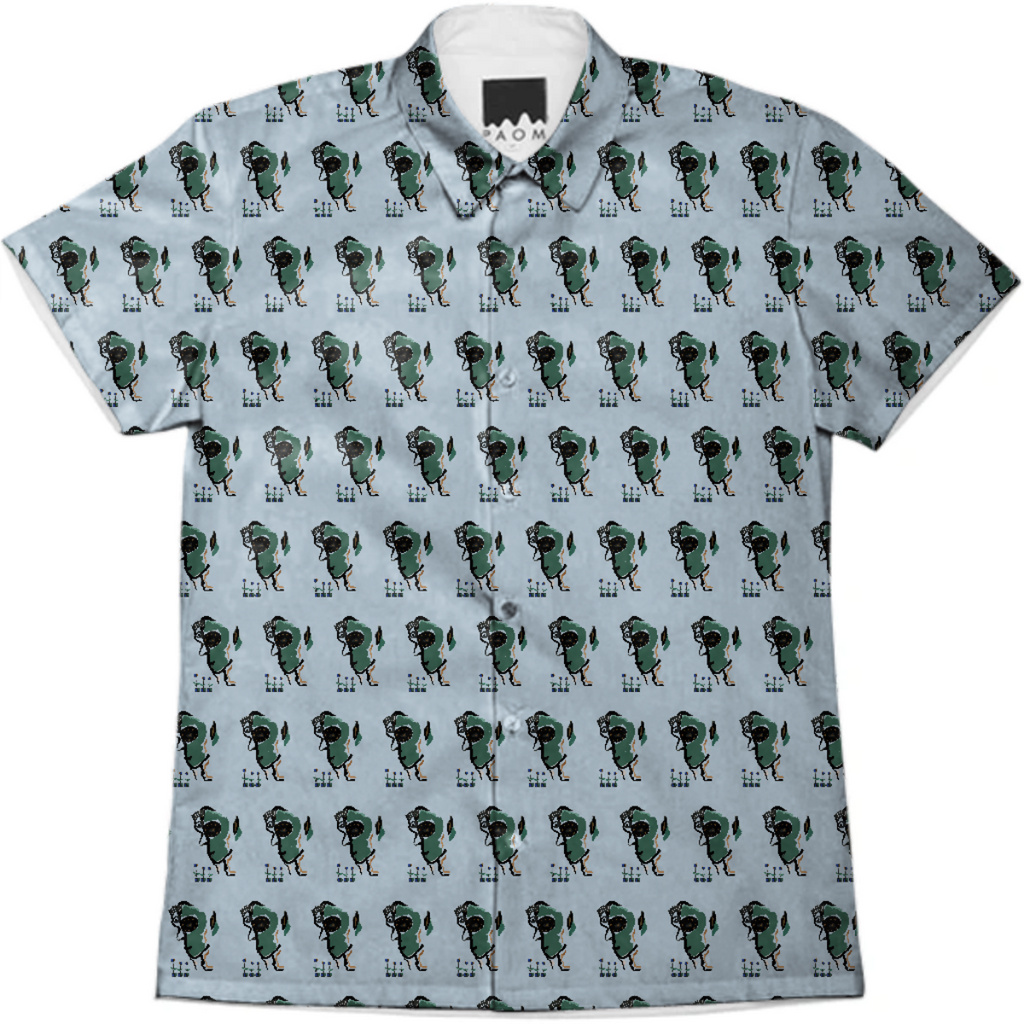 A silouhette of a fantastico face in greens, black, blue and gold. Ganja baby.
