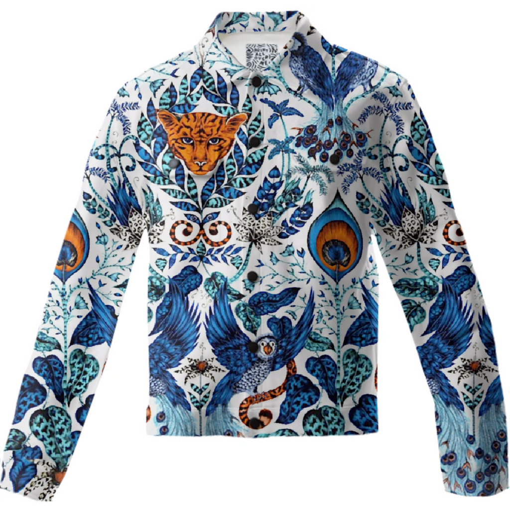 tiger cat blue parrot birds vintage wallpaper pattern twill jacket