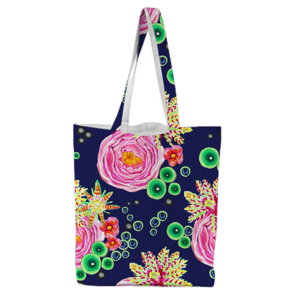 Tropical and pink rose floral with neon green bubbles on navy