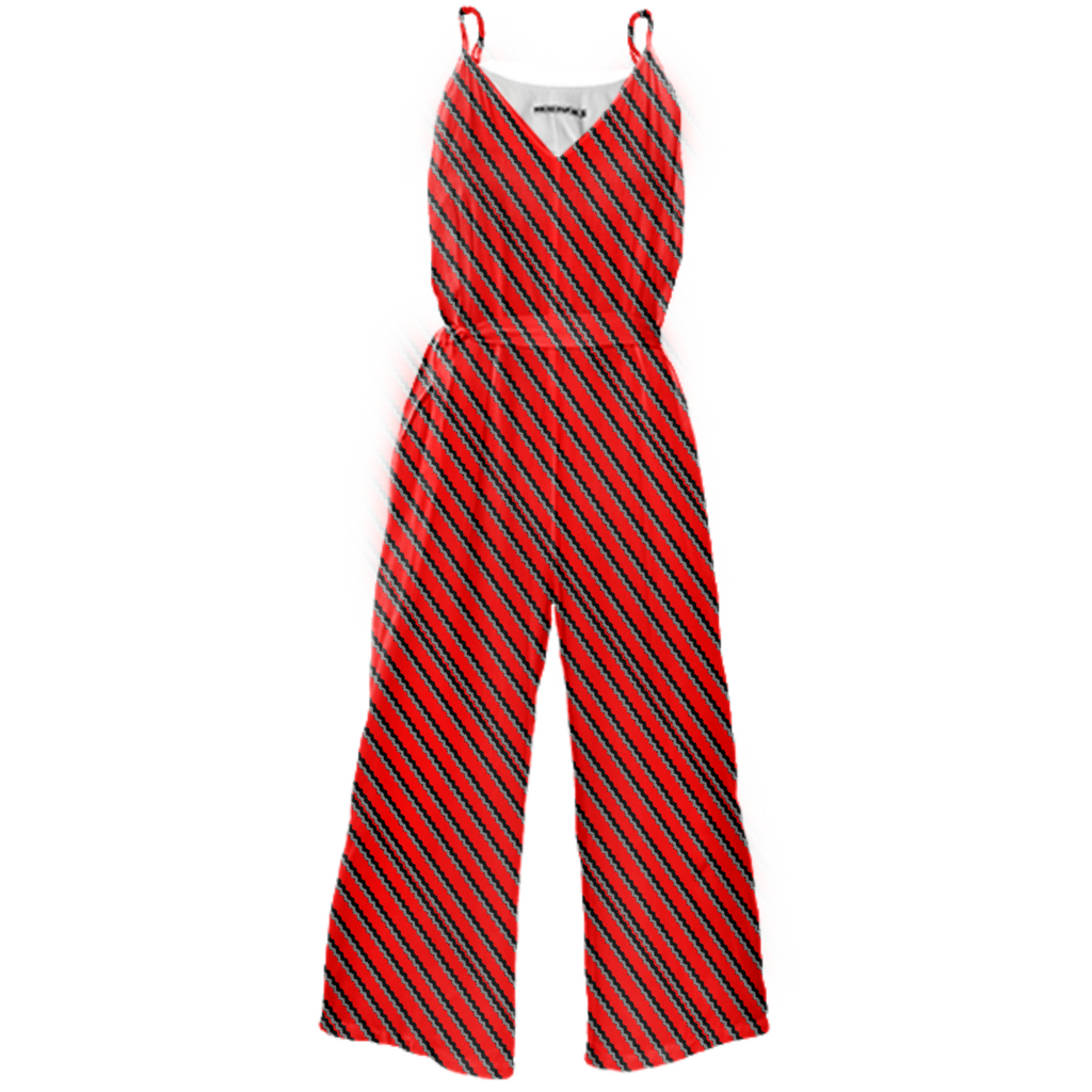 Red Geometric Strip Tie Waist Jumpsuit