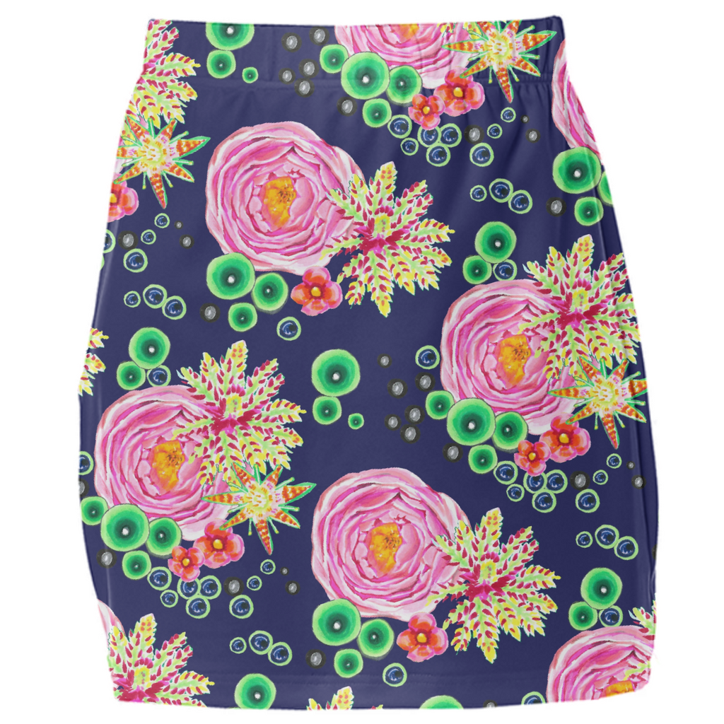 Hand drawn pink rose floral with neon green bubbles on navy