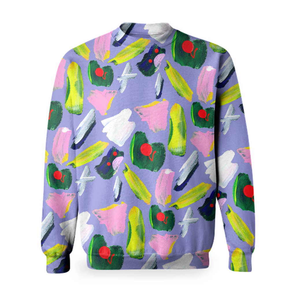 Pouting kitty hand painted yellow blue and red on purple