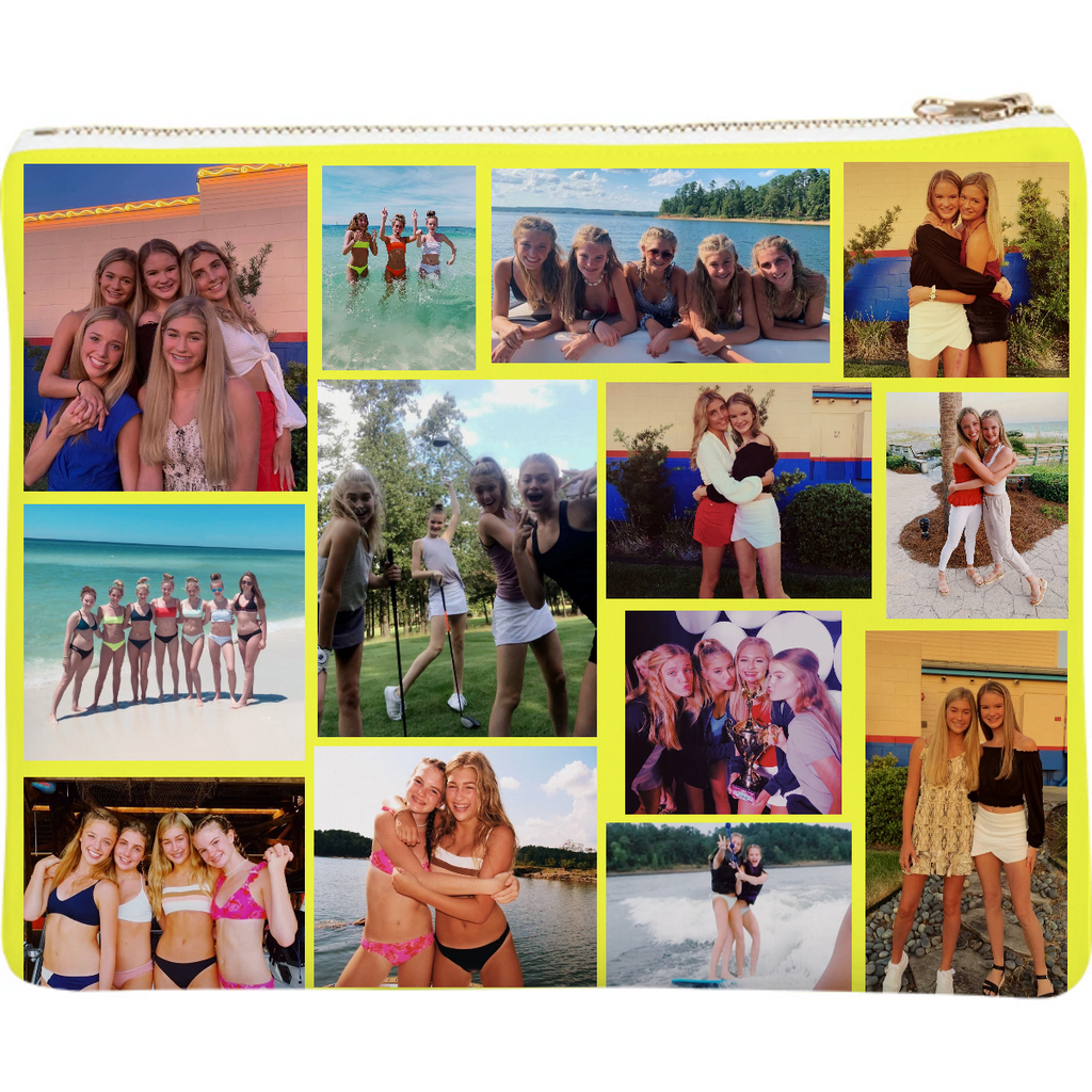 collage of pictures on a yellow pouch