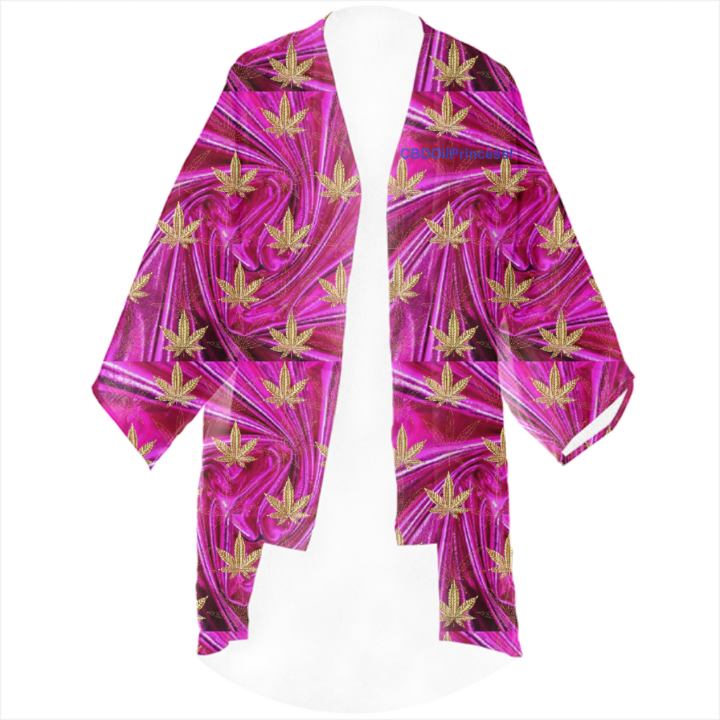 Pretty In Pink & Golden Marijuana Leaves!  Linen Kimono!  CBDOilPrincess!