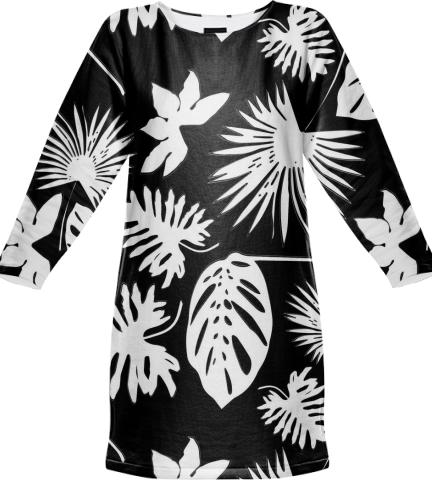 Tropical Leaves White on Black Sweatshirt Dress