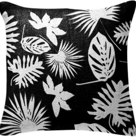 Tropical Leaves White on Black Pillow