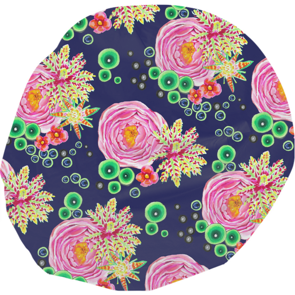 Hand drawn pink rose floral with neon green bubbles on navy