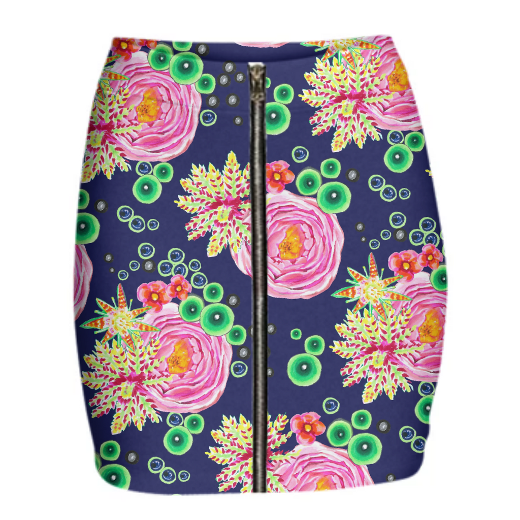 Tropical and pink rose floral with neon green bubbles on navy