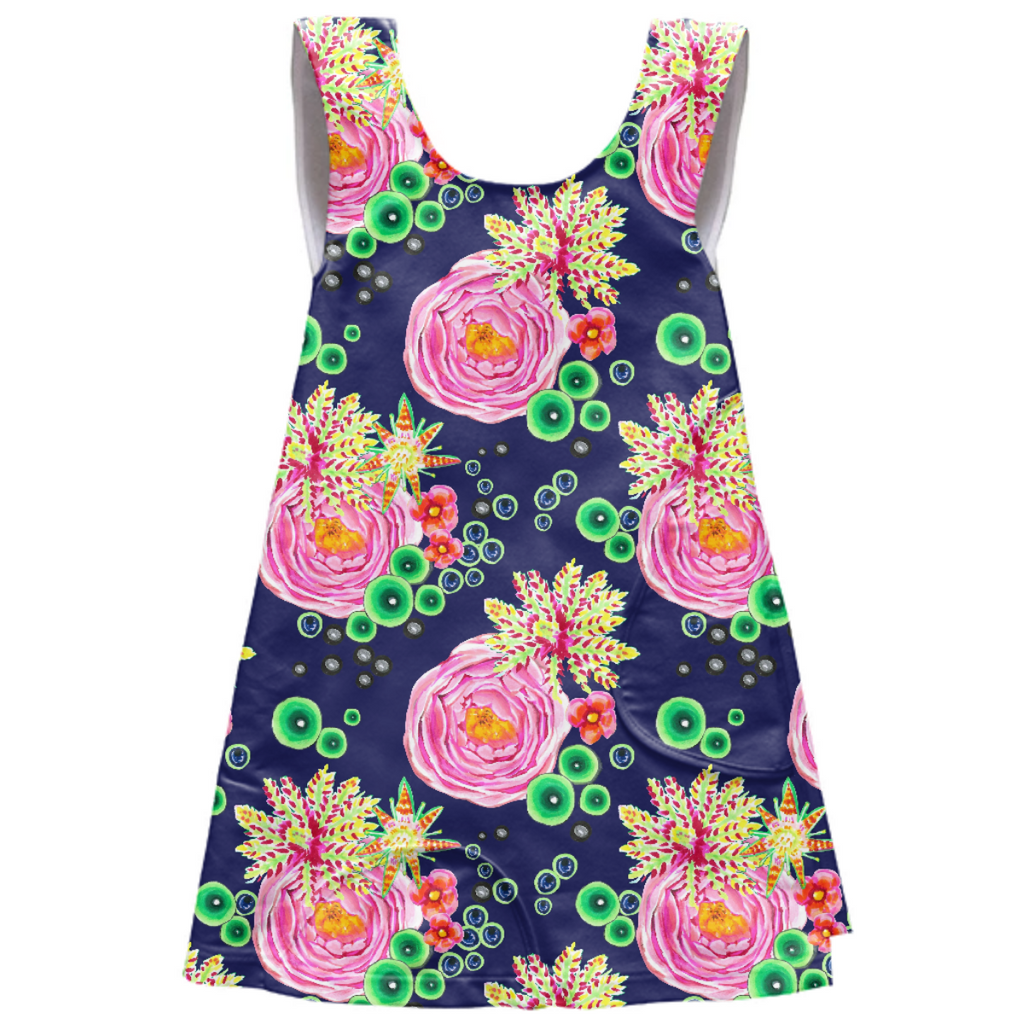 Tropical and pink rose floral with neon green bubbles on navy