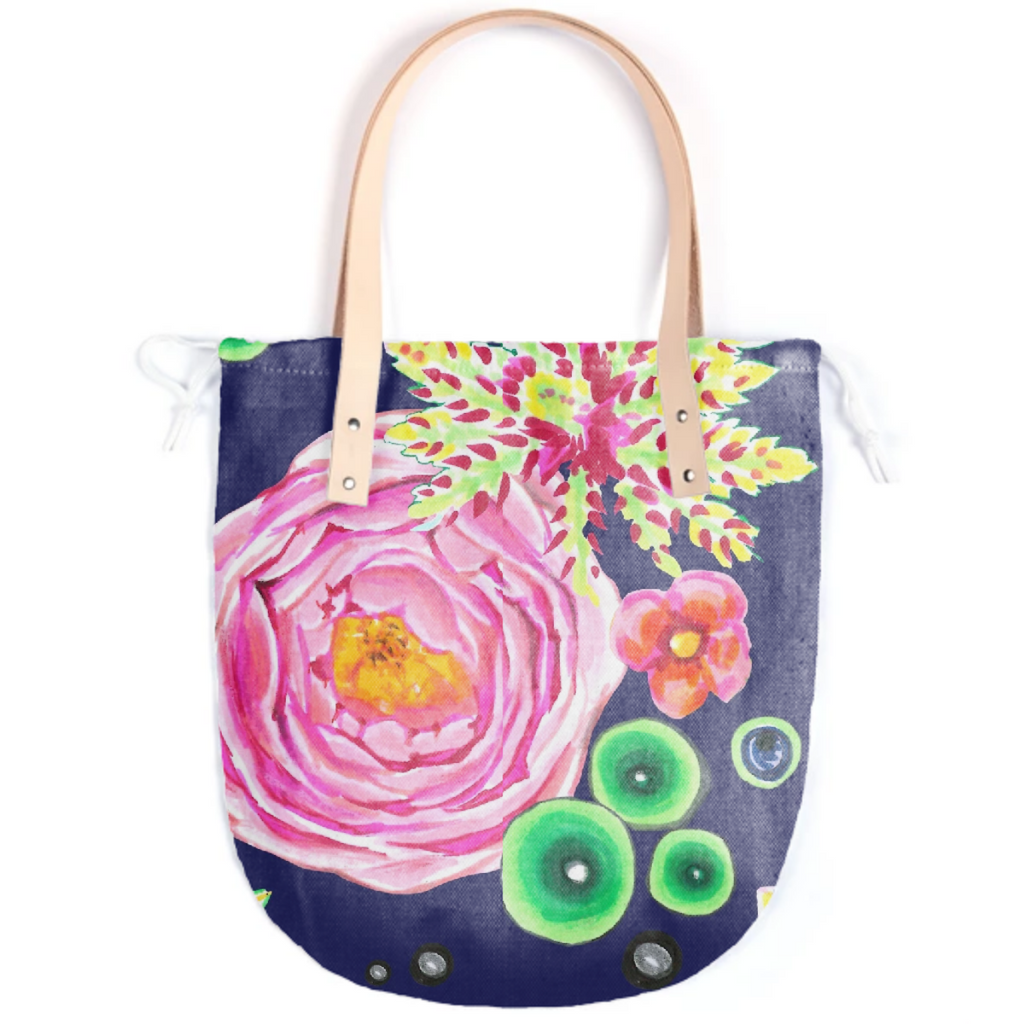 Tropical and pink rose floral with neon green bubbles on navy