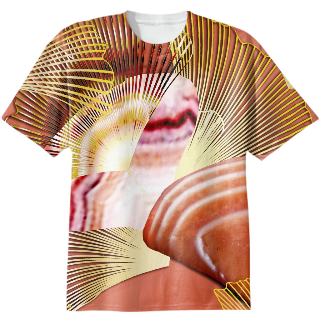 golden ornament, carnelian, mushrooms, fan leaves, brick red background, monochrome art